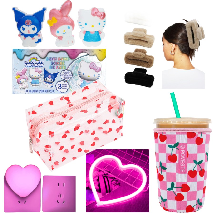 helll kitty bath bombs, fuzzy hair clips, heart lights, and more