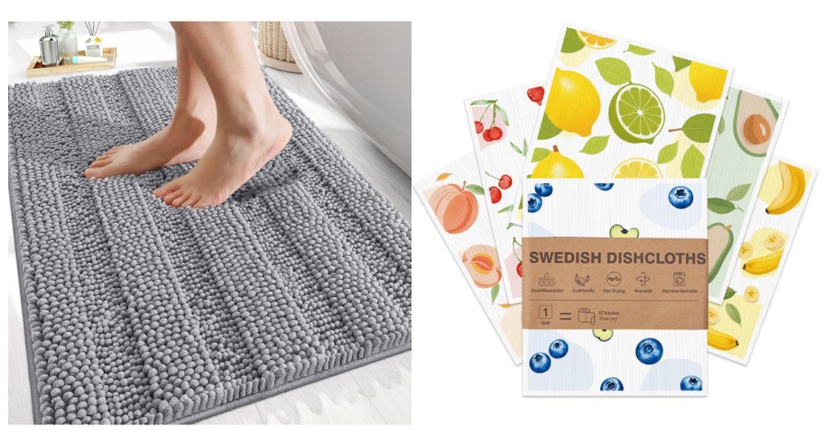 feet stepping on grey rug next to fruit covered dishcloths