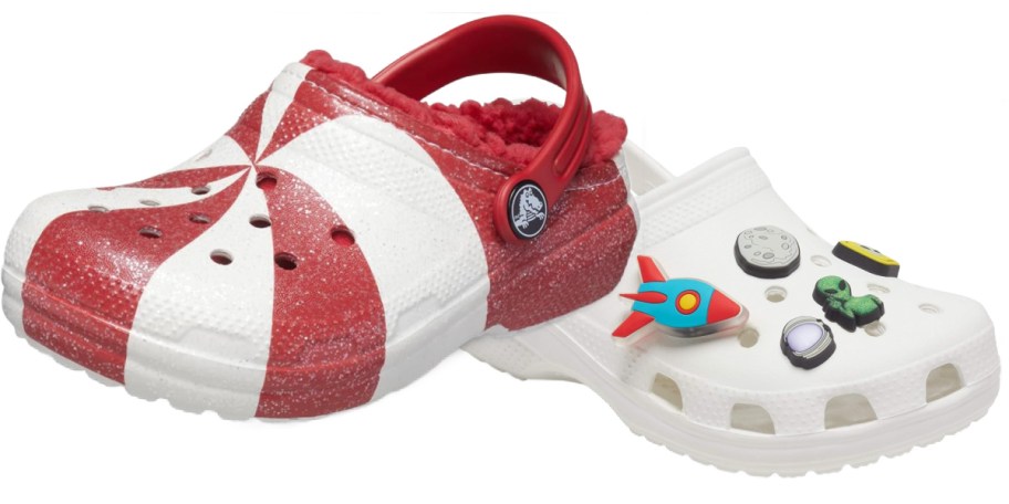 peppermint crocs and space charms on white crocs