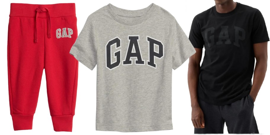 red joggers and gap shirt
