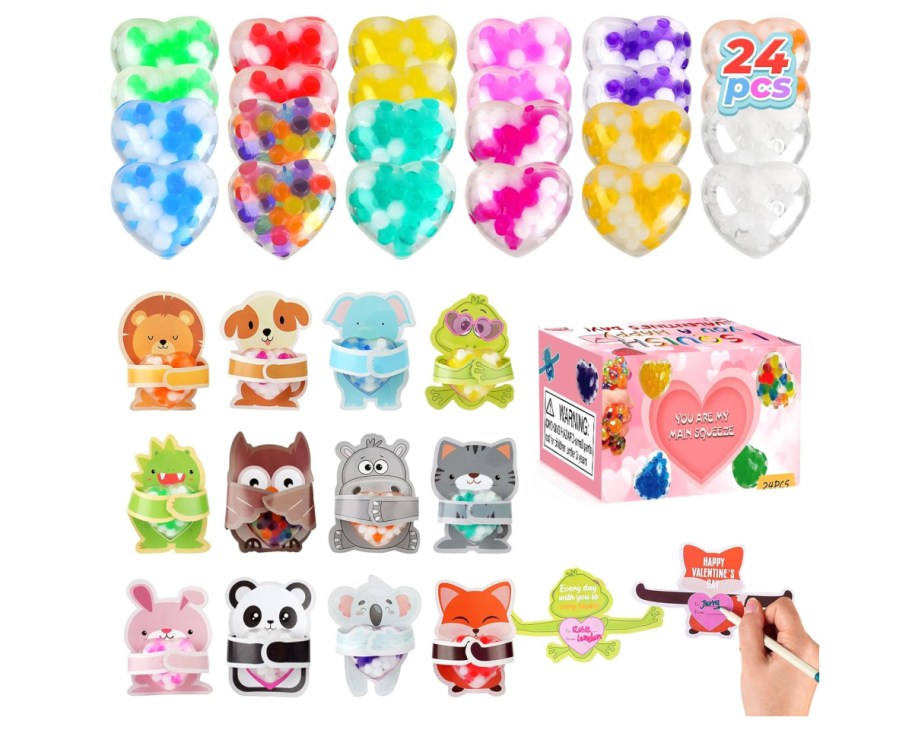 heart stress balls with many animals for classroom valentines