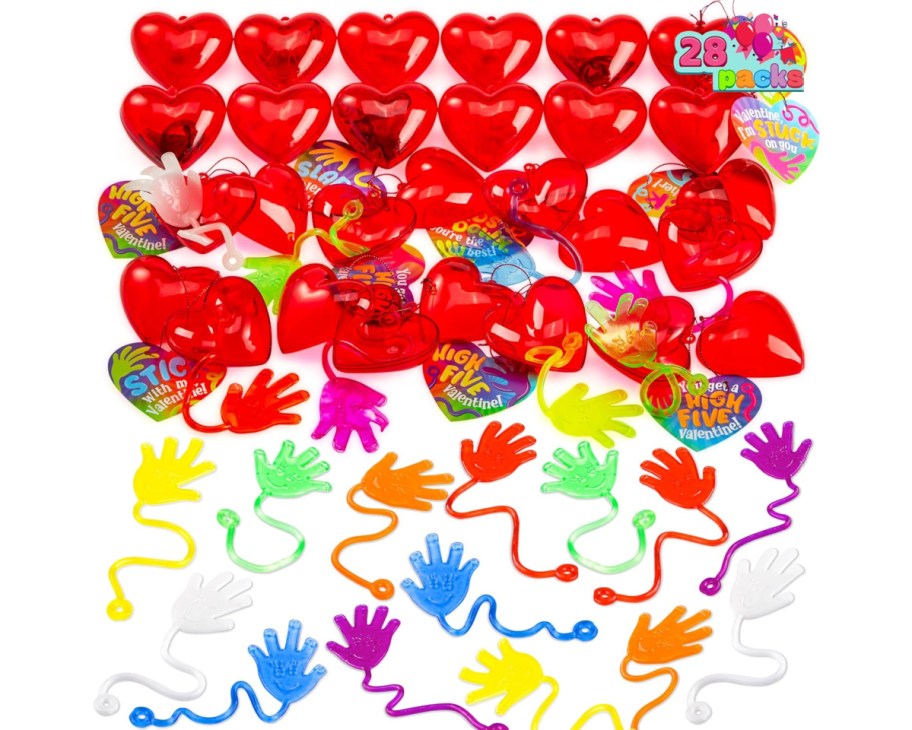 sticky hands in red heart containers with cards 
