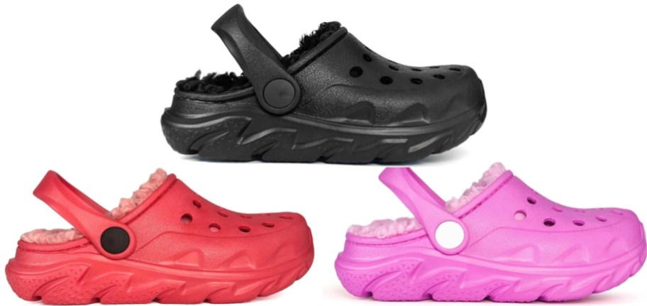 Three kids clog shoes in different colors.