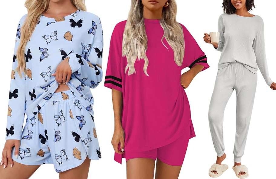 women wearing blue, pink, and gray pajamas 