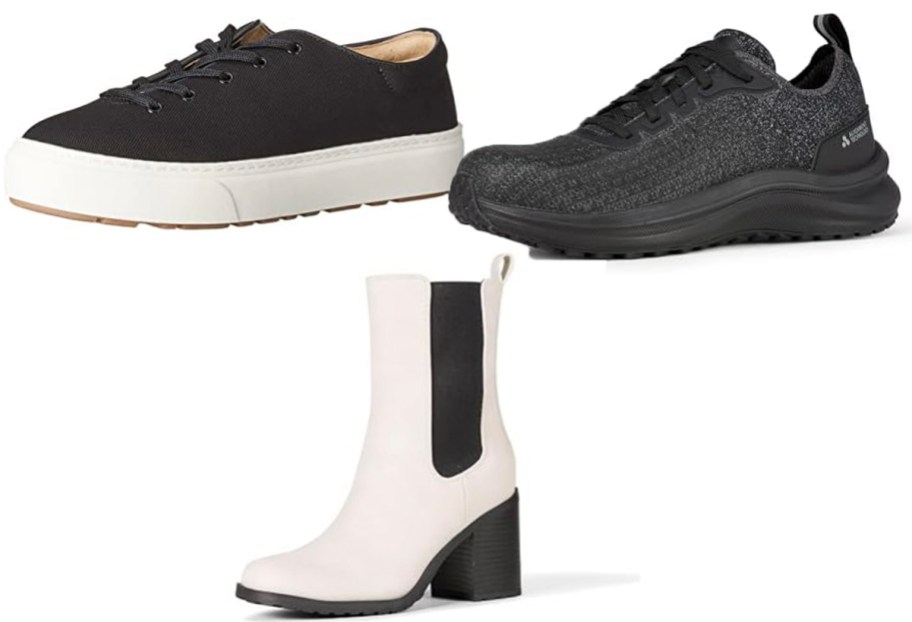 two black sneakers and white boots