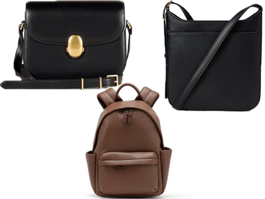 two black purses and brown backpack