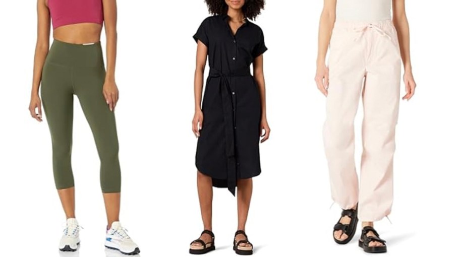 women wearing green leggings, black dress, and white pants