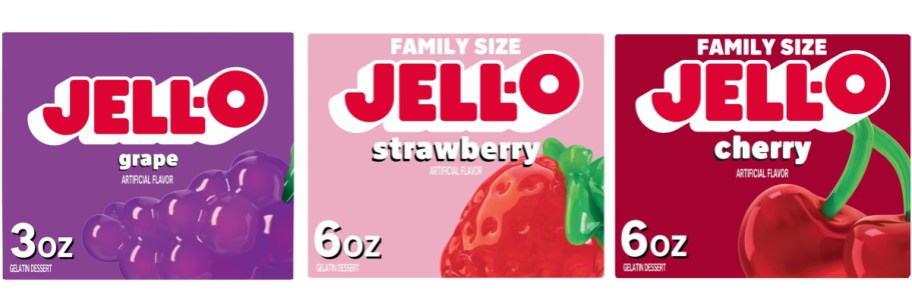 grape strawberry and cherry jello boxes