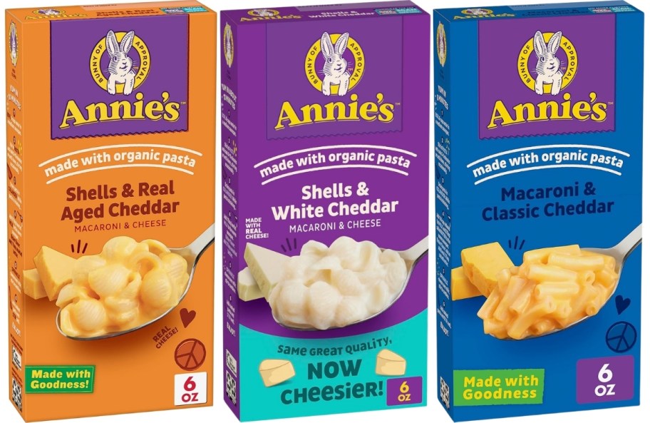 3 boxes of annies mac n cheese in 3 different flavors