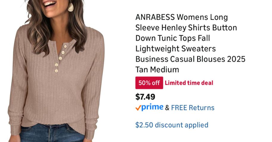 woman wearing tan shirt next to Amazon pricing information