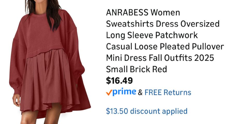 woman wearing red dress next to Amazon pricing information