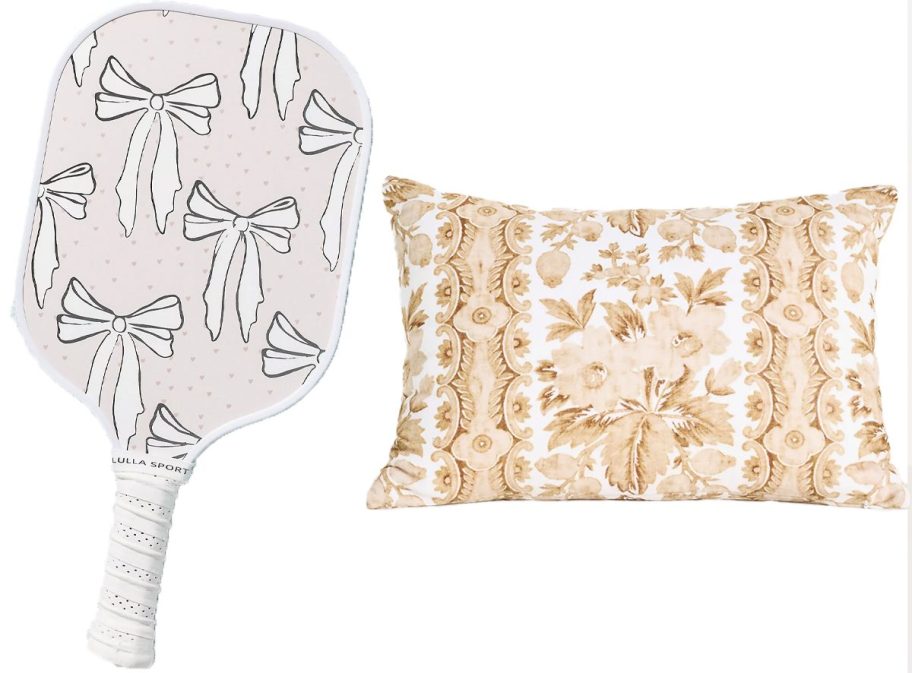 pink and white bow pickle board and yellow floral throw pillow