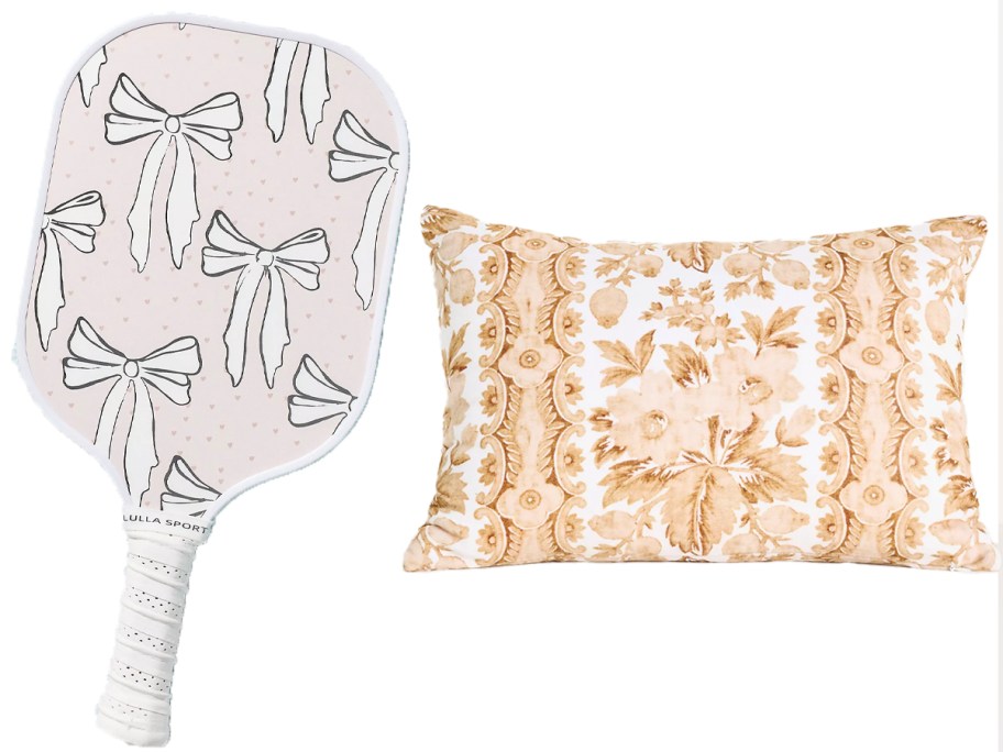 pink and white bow pickle board and yellow floral throw pillow 