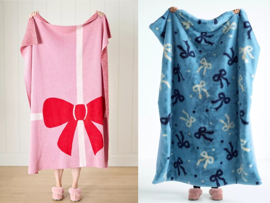 knit throw shown with faux fur printed throw