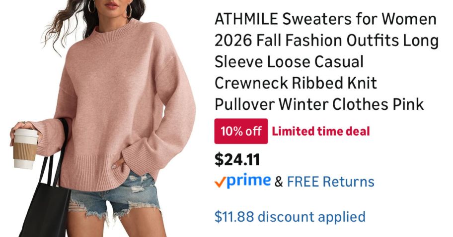 woman wearing pink sweater next to Amazon pricing information