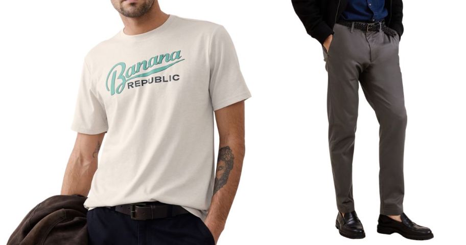 two men wearing banana republic top and pants