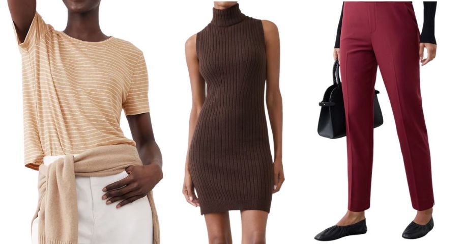 three women wearing banana republic top, dress, and pants