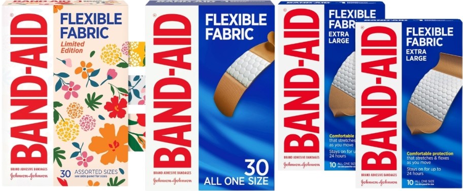 3 boxes of flexible fabric bandaids in assorted sizes and quantities