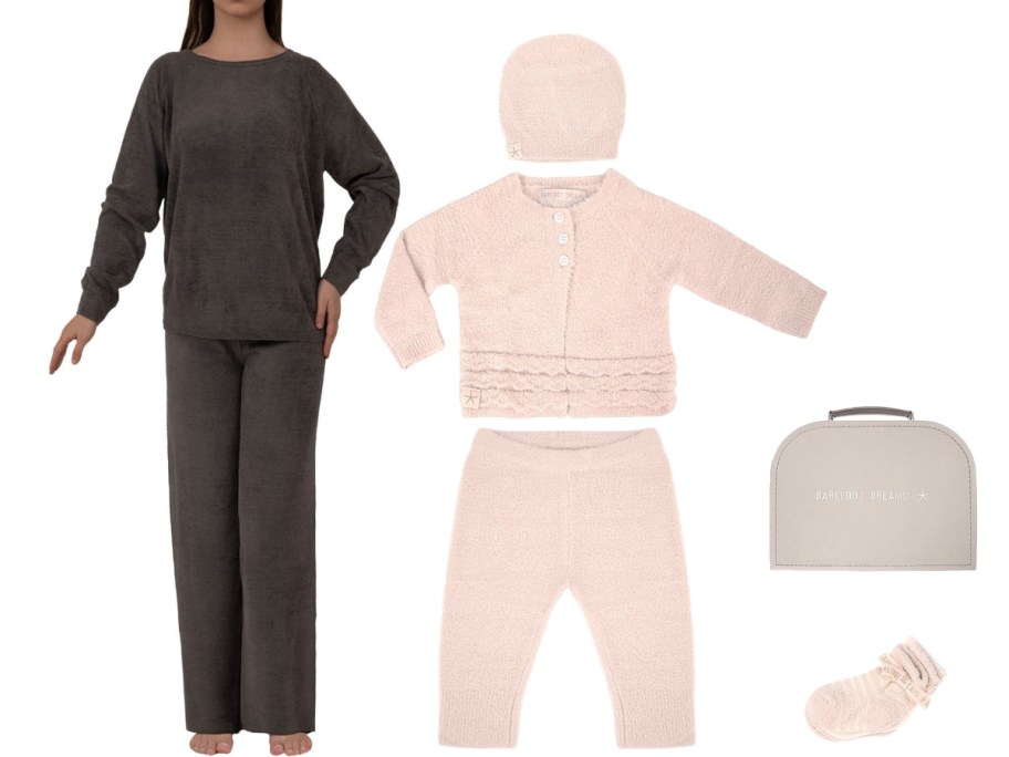 A woman wearing Barefoot Dreams clothing next to a pink Barefoot Dreams newborn clothing set.