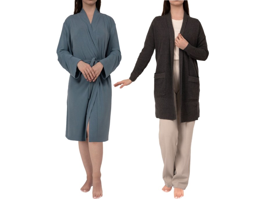Two women wearing a Barefoot Dreams robe and cardigan.