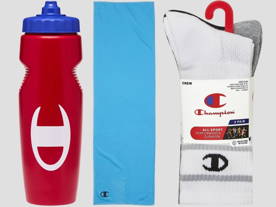 a waterbottle, cooling towels, and 3-pack of athletic socks