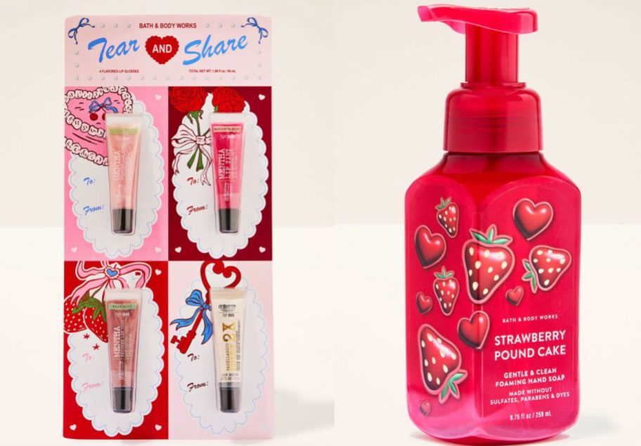 four lip glosses with cards and red hand soap