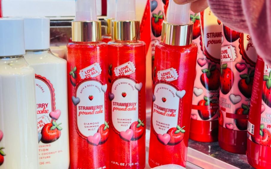 display of bath & body works strawberry pound cake shimmer at the store