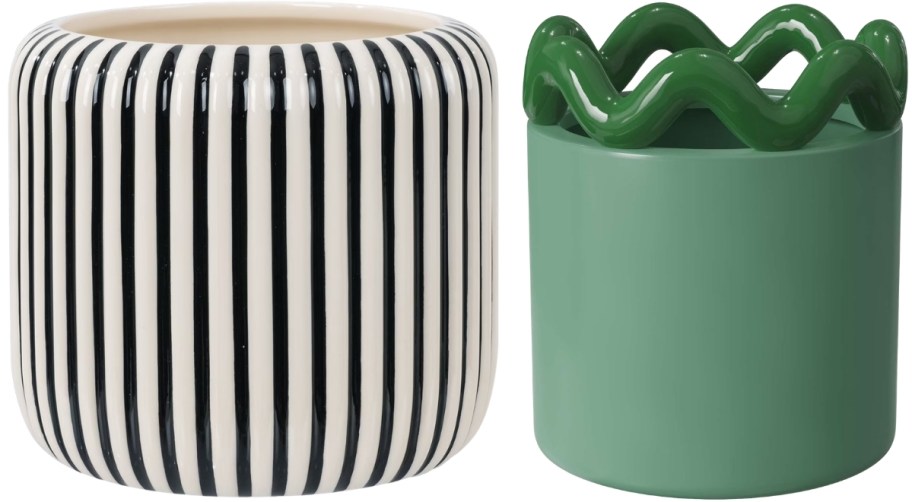 striped and solid colored ceramic planters