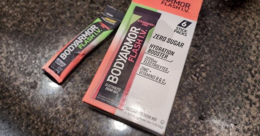 BodyArmour Flash IV Electrolyte Packet box on counter