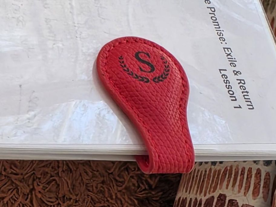 leather bookmark on pages