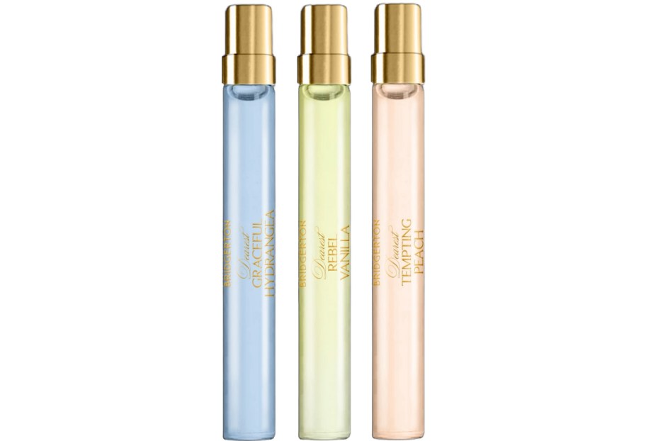 Three skinny bottles of Bridgerton perfumes.