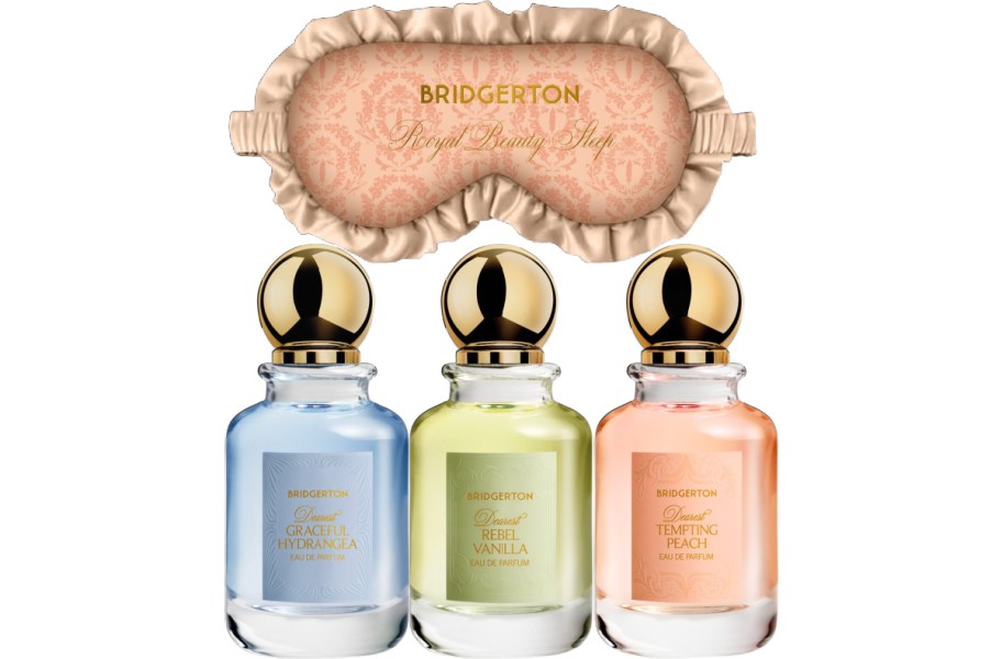 Three larger bottles of Bridgerton perfumes and a Bridgerton face mask.