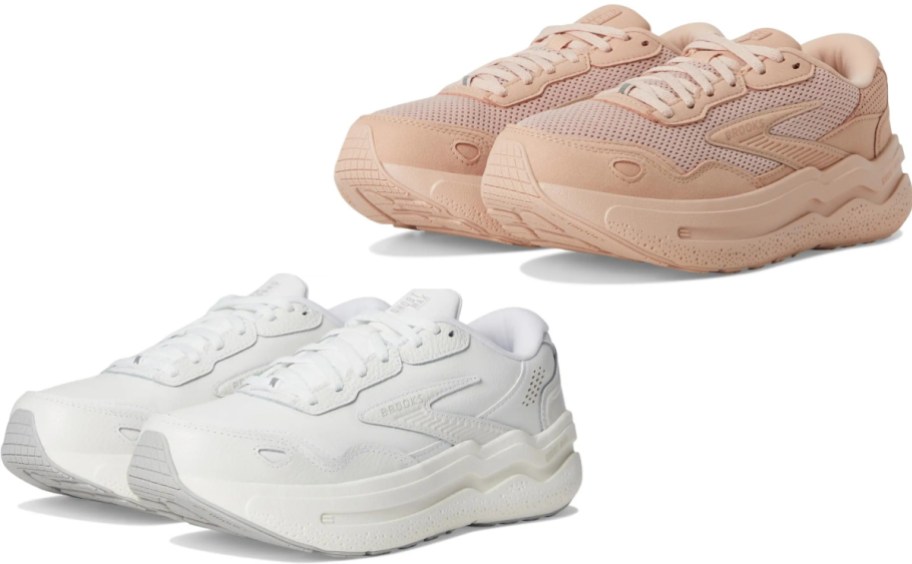 Two pairs of chunky sneakers, one in a light pink color and the other in white.
