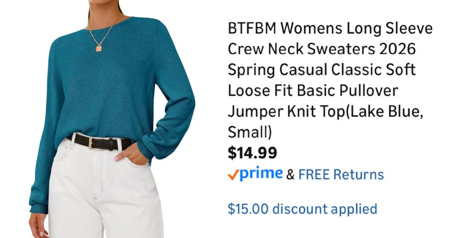woman wearing teal sweater next to Amazon pricing information