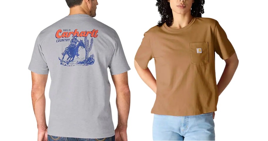 man and woman in short sleeve tees 