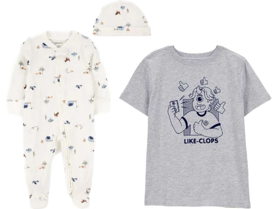 A white infant onesie with a cute animal pattern, paired with a matching hat. Next to it is a gray T-shirt featuring a cartoon character and the text "LIKE-CLOPS".
