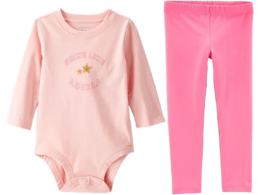 Pink baby onesie with "Shine Like Abuela" and star graphics, paired with matching bright pink leggings.