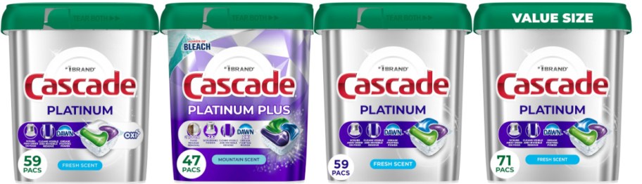 Four Cascade dishwashing detergent containers are displayed. Two are "Platinum" with 59 and 71 packs, and two are "Platinum Plus" with 47 packs. Each has a green lid.