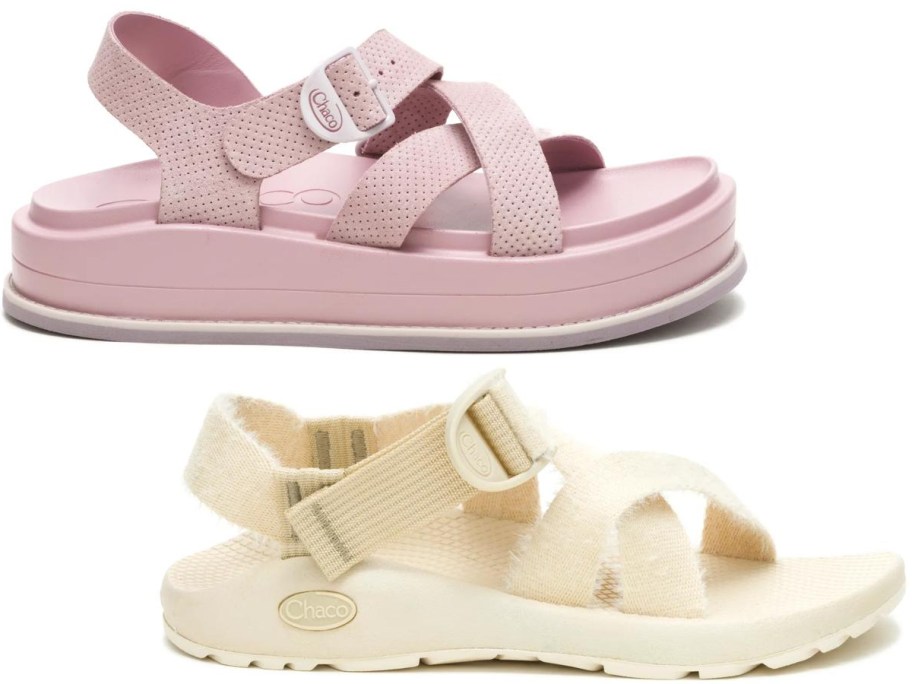 pink and white chaco sandals 