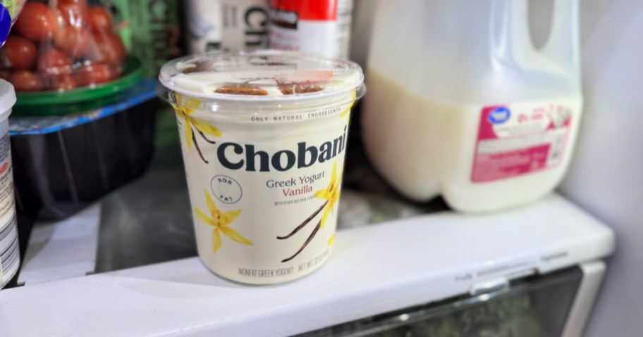 chobani yogurt with biscoff cookies in the fridge
