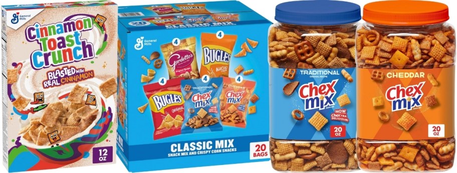 box of cereal, variety snack box, and 2 jars of chex mix
