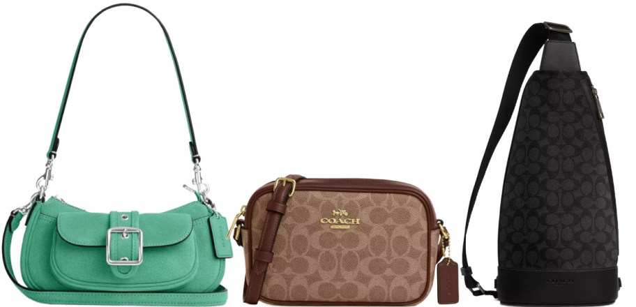 Three bags are displayed: a green shoulder bag with a silver buckle, a tan camera with a brown logo pattern, and a black sling bag with a subtle print.