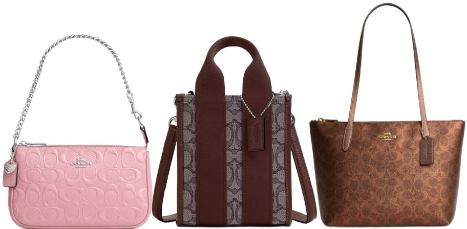 Three handbags are displayed: a pink clutch with a chain handle, a striped brown and beige tote, and a brown leather shoulder bag. They convey elegance and style.