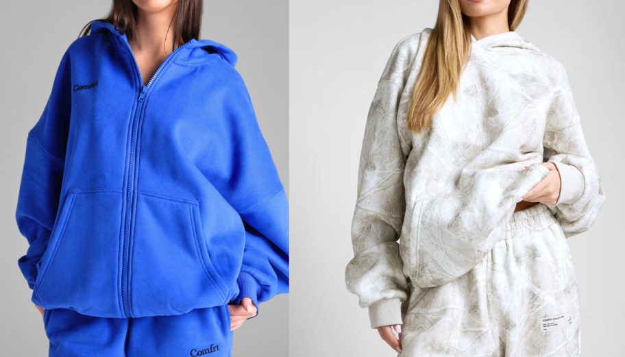 women wearing blue and camo hoodies 
