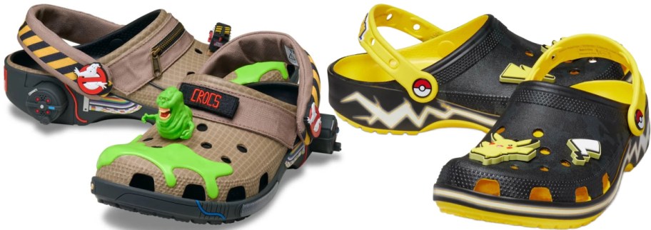 Two themed Crocs: one inspired by Ghostbusters, featuring green slime and a ghost, and another Pokemon themed with lightning bolts and yellow accents.