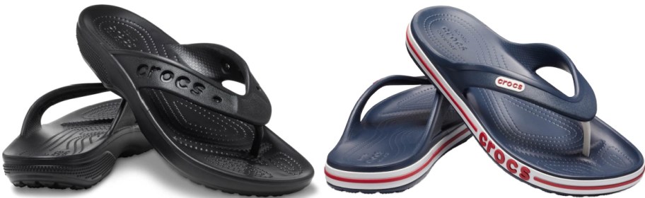 Black and navy Crocs flip-flops are displayed side by side. The black pair has a simple design, while the navy pair features red and white stripes.