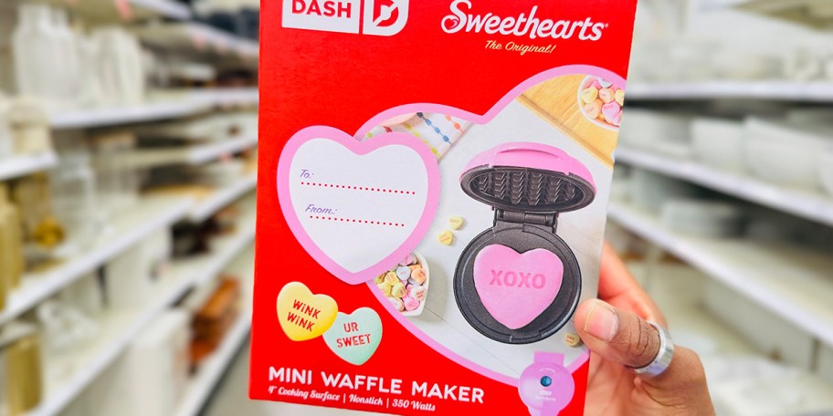 hand holding dash sweethearts waffle maker 