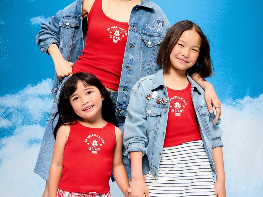 woman and two girls wearing red disney tanks