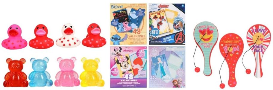 rubber ducks, bears, valentine's boxes, and paddle ball toys