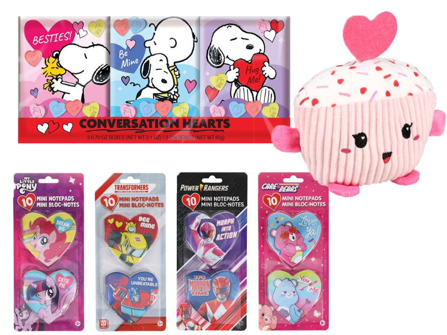 conversation hearts candy, cupcake plush, and heart notebooks